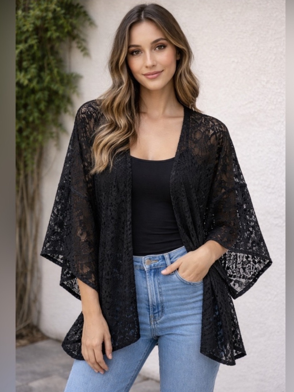 Hollister & Co Black See-Through Patterened Kimono Cover-Up